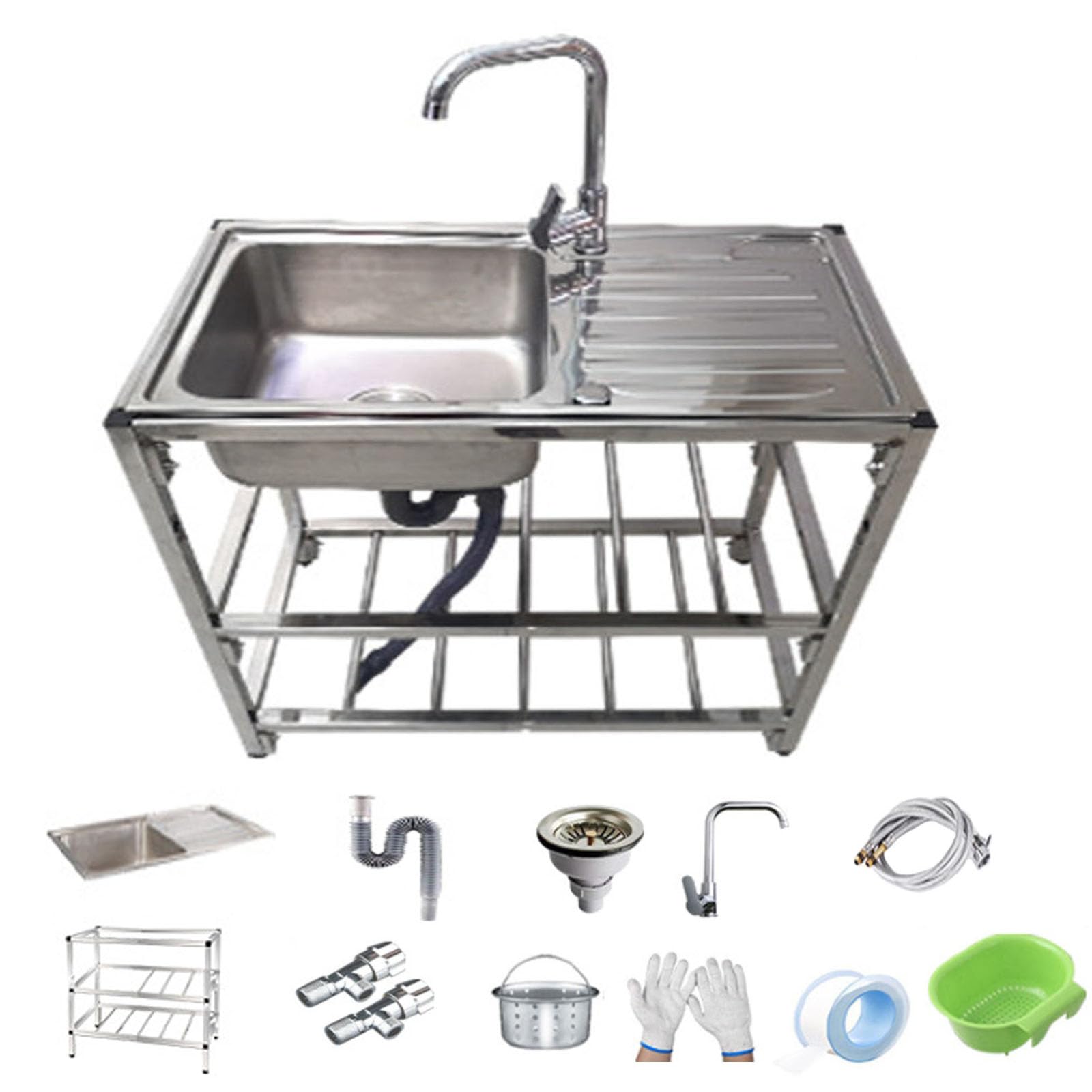 JSLJJBD Free Standing Stainless-Steel Single Bowl, Commercial Restaurant Kitchen Sink Set W/Faucet, 304 Kitchen Single Slot with Bracket Easy Installation Suitable for Outdoor and Indoor Use