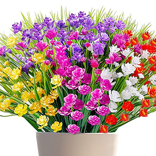 HATOKU 10 pcs Artificial Flowers Fake Outdoor Flowers Lifelike Plastic Flowers for Indoor Outdoors Home Office Garden Wedding Decorations, ï¼ˆ5pcs Flowers, 5 Greenï¼‰