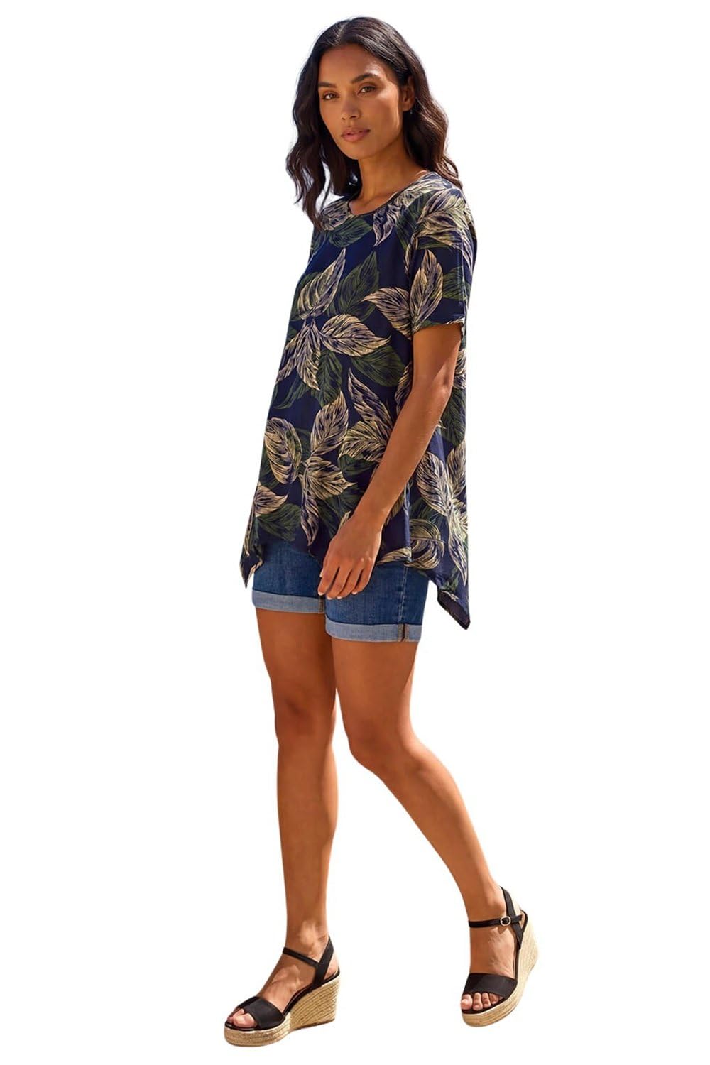 Roman Originals Women's Navy Multi Leaf Asymmetric Top Hanky Hem Blouse Stretchy Tunic Occasion Smart Casual Summer Sprint Winter Autumn Cocktail Party Evening 3/4 Short Sleeve - Size 12