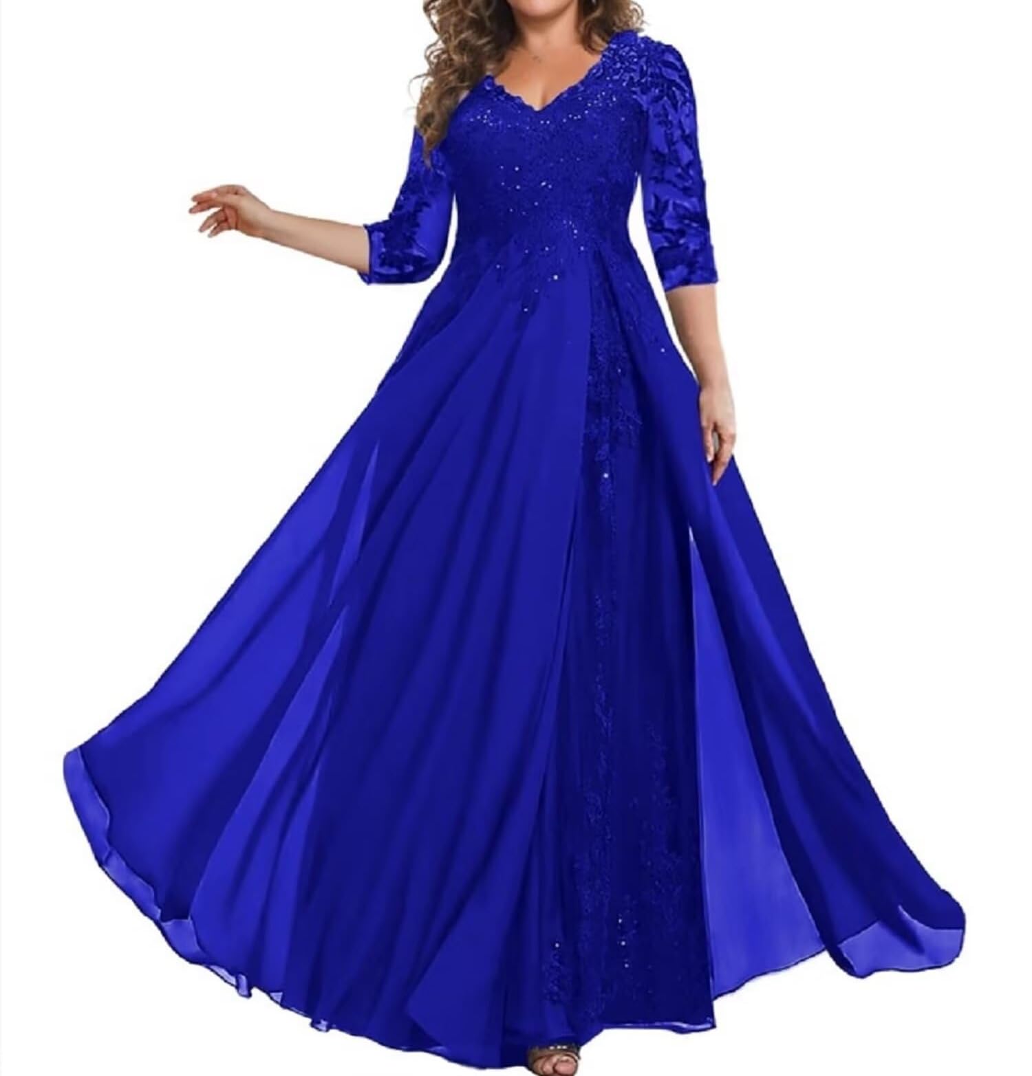 Robes de mère de la mariée à manches 3/4 pour mariage en mousseline de soie appliques en dentelle col en V longue robe de soirée formelle
