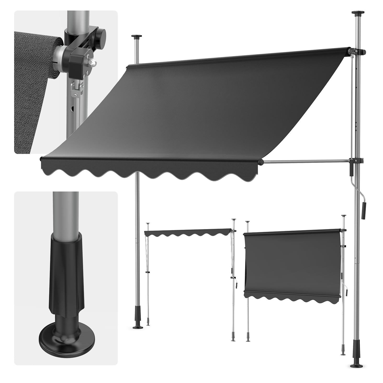 Store Balcon Store Banne Manuel Store Exterieur sans Percage, Résistant aux UV, Réglable en Hauteur, Hydrofuge, protège du Soleil, Toit de terrasse (250x120cm, Anthracite)