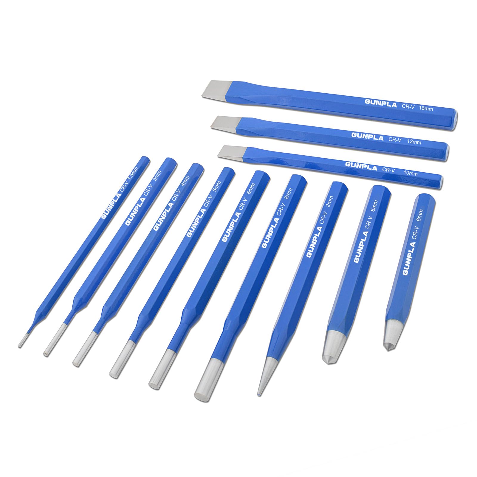 Gunpla 12-teiliges Meißel- und Stanzer-Set aus Chrom-Vanadium-Stahl, abgeschrägte Kante, Metallgriff, 1,5–16 mm, Körner, Flachmeißel, Splintentreiber