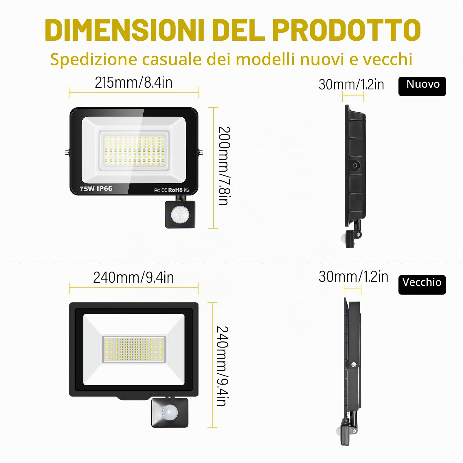 SKYWORLD 2 x Faretto con Sensore di Movimento, 75W 7500LM Fari Led Esterni | Proiettori Faretto Led da Esterno, Luci di Sicurezza Faro per Giardino Garage Patio Terrazza Cortile, 6000K Bianco Freddo