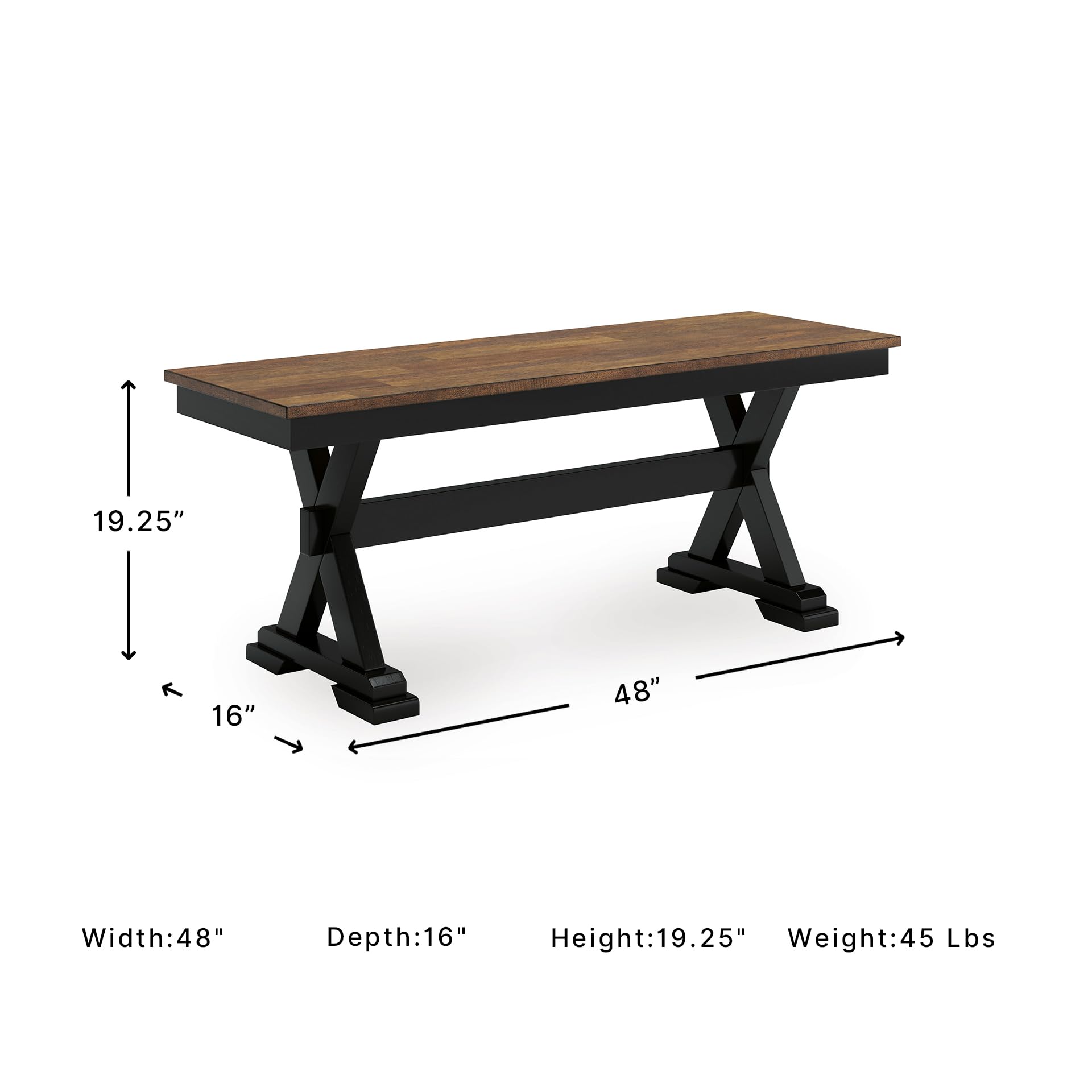 Signature Design by Ashley 1-Piece Wood Dining Bench, 48" 2-Tone Farmhouse | Sturdy solid wood frame with mango veneer and MDF substrate seat, Space-saving 48-inch profile, Wildenauer Series