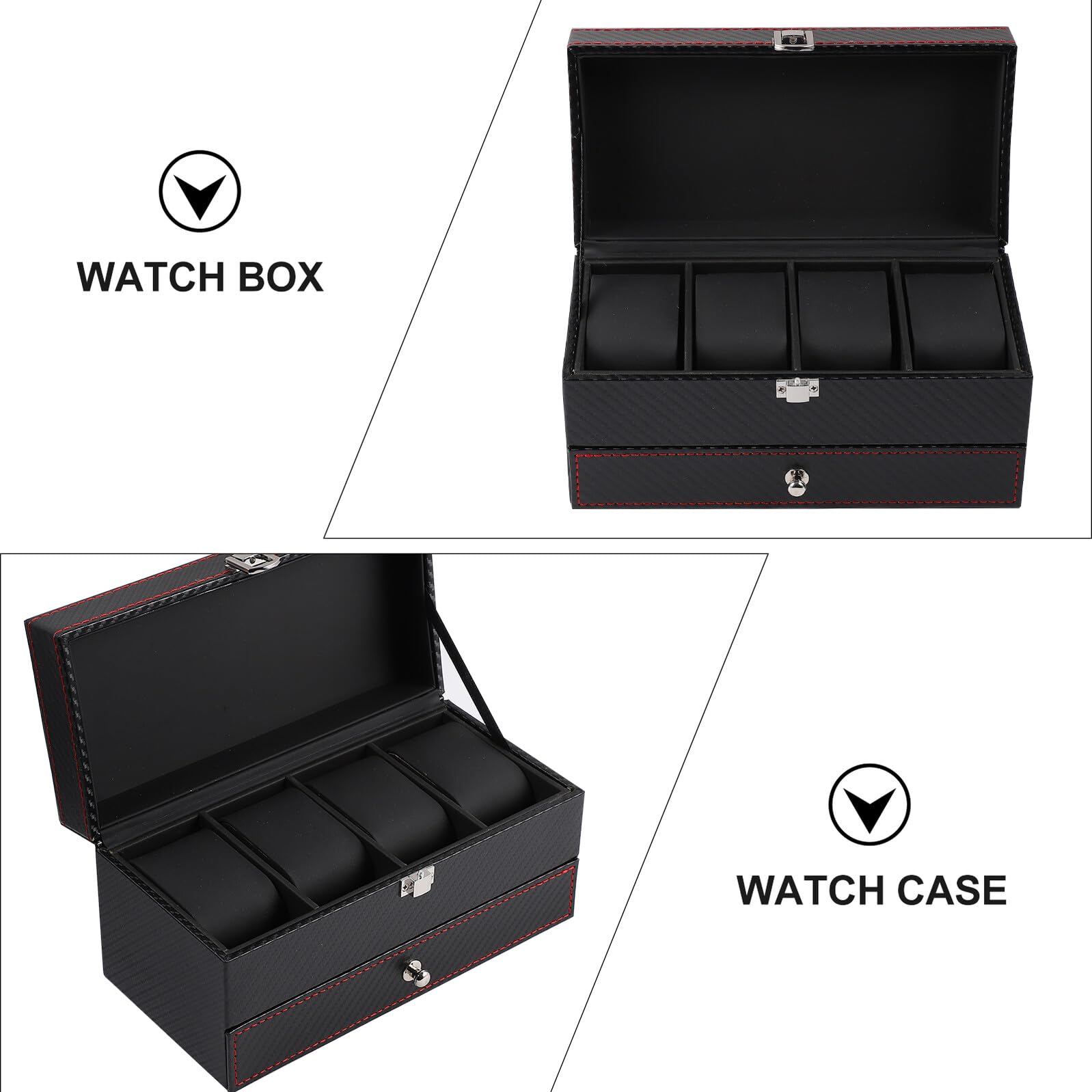 HEMOTON Boîte à Montres en Fibre de Carbone Noire Intérieur en Cuir Noir Coffret de Rangement pour Bijoux et Bagues Étui Compact pour Présentation et Protection Lors de Voyages