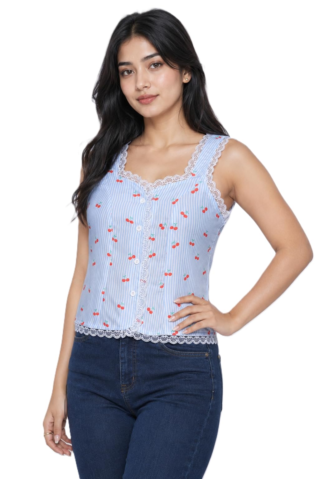 Women's Sweetheart Neck Cami Top | Cherry Print Sleeveless Cotton Blend Camisole | Lace Trim Strap Top | Button Front Casual Summer Tank Top-picture-11