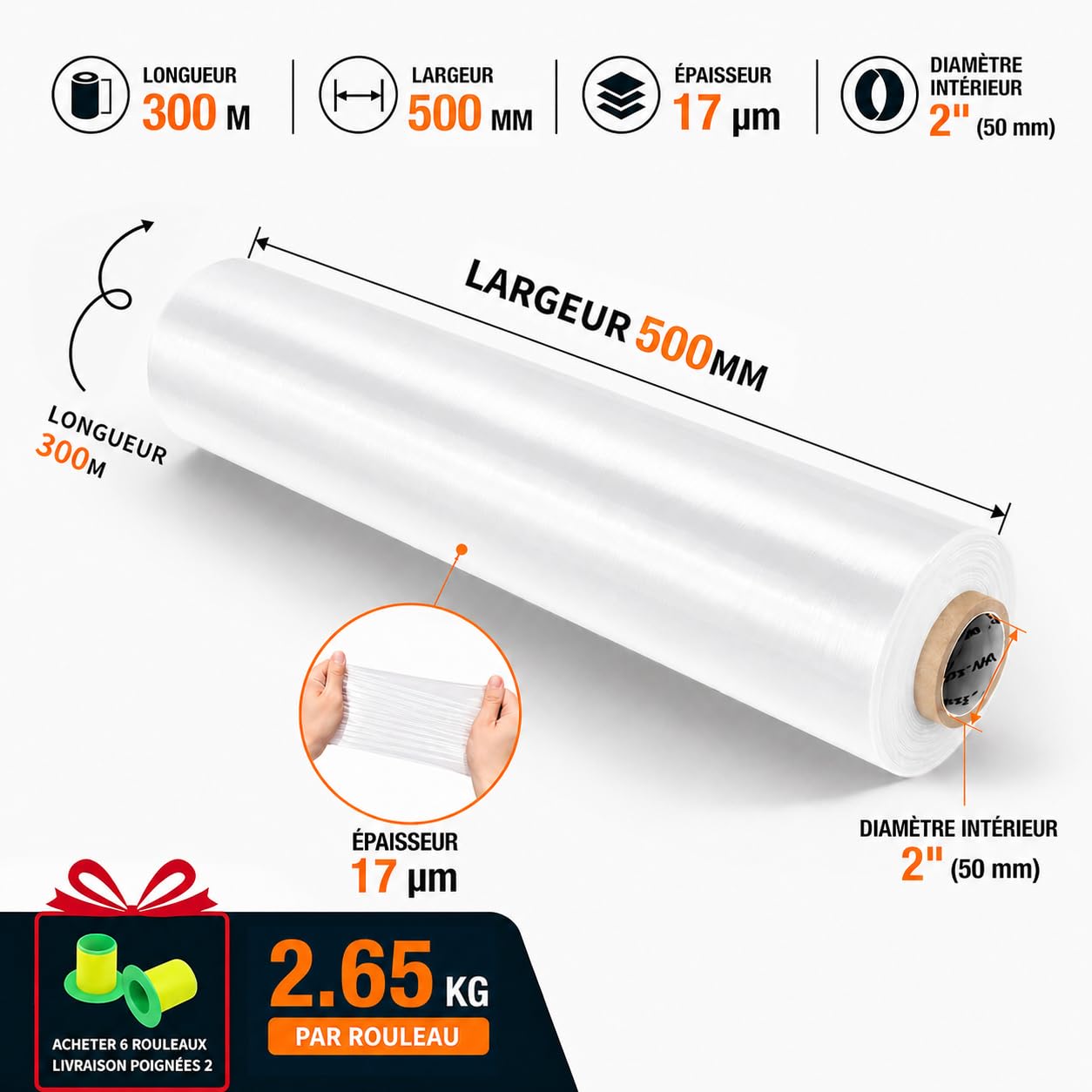Lot de 6 Films Étirables Transparents 50 cm x 300 m, 17 Microns, 2,65 kg – Film Palette Professionnel Résistant pour Emballage, Stockage, Logistique et Déménagement