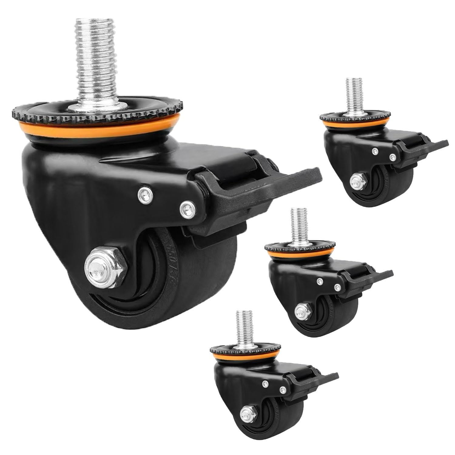 Ruote girevoli industriali da 2/2,5/3 Pollici con Cuscinetto, Stelo filettato M20*40, Set di 4 Ruote di Ricambio in Nylon per impieghi gravosi, con Freno, capacità di carico Massima 1800 kg