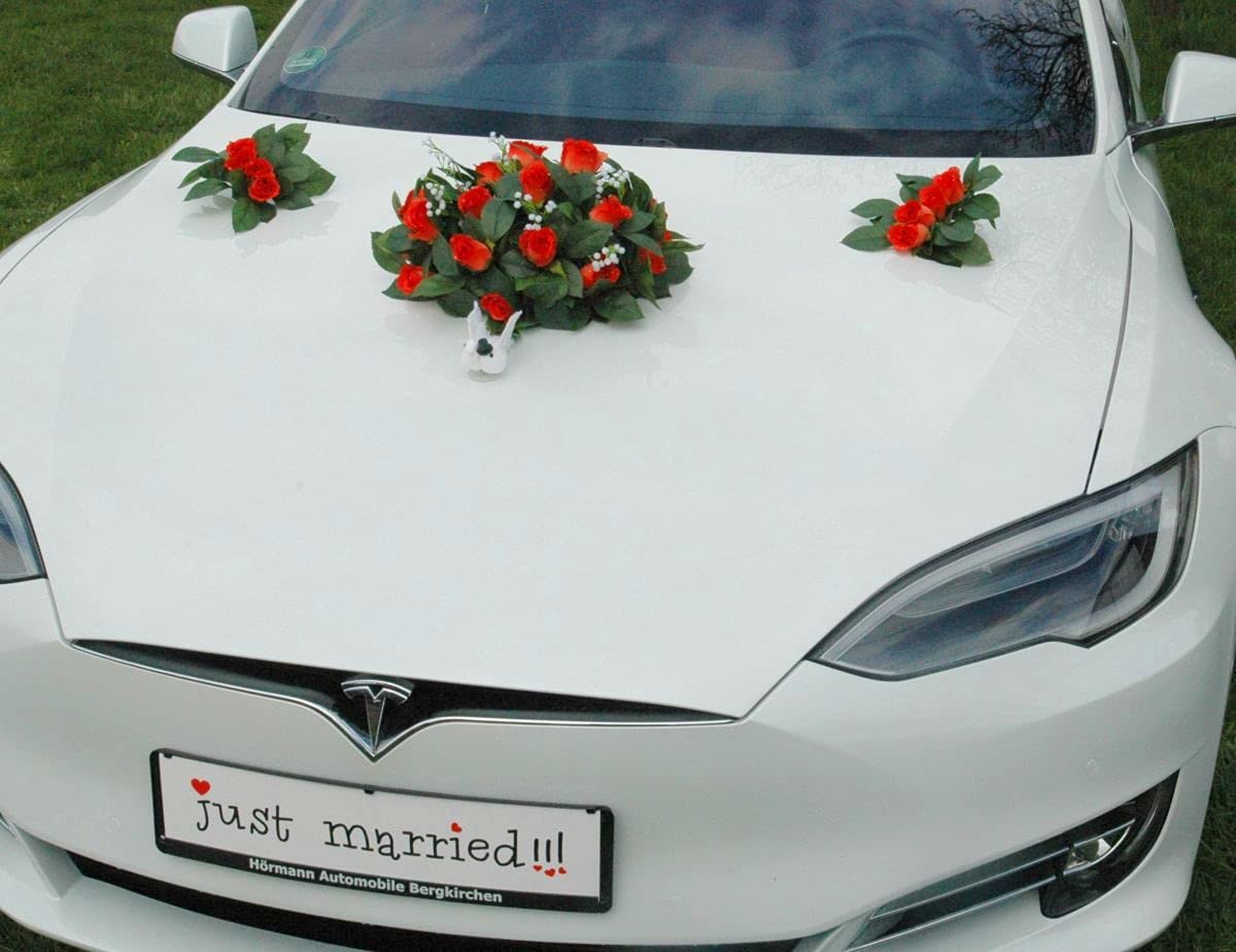 Véritable bouquet de roses - Décoration de voiture - Couple de roses - Colombes - Cœurs - Décoration de voiture de mariage (thé + colombes)
