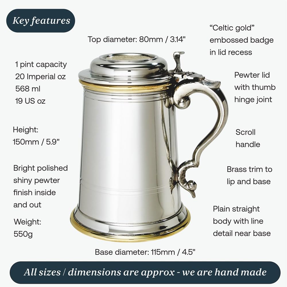 Wentworth Pewter - Heavy lidded "Celtic Gold" 1 pinta peltro e ottone boccale, Stein, boccale di birra