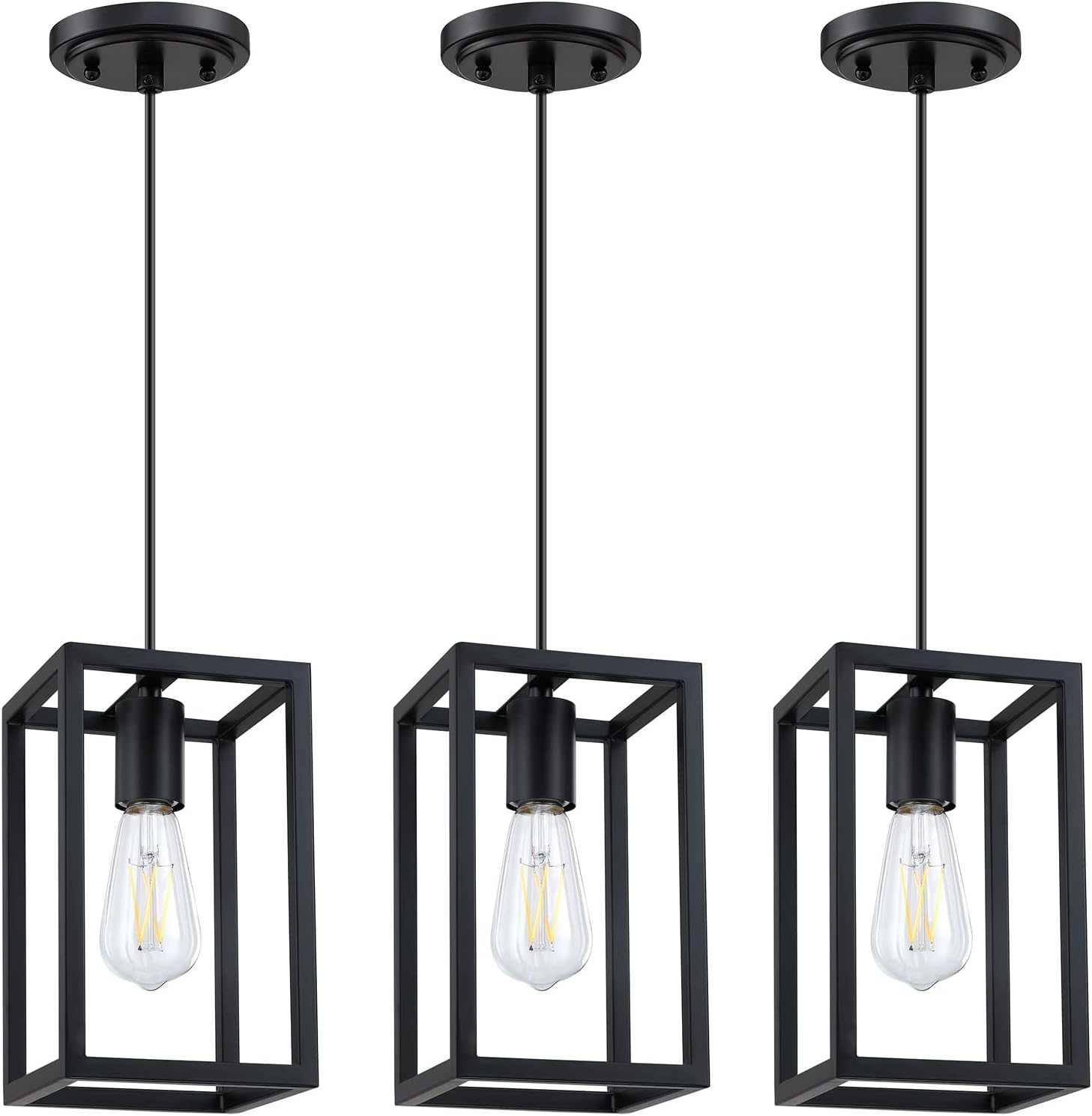 1 Light Hanging Rustic Farmhouse 5.7" Metal Lantern Cage Pendant Ceiling Light Fixture,Cafe Bar Over Sink Dining Room Bedroom Kitchen Island 3 Pack Black