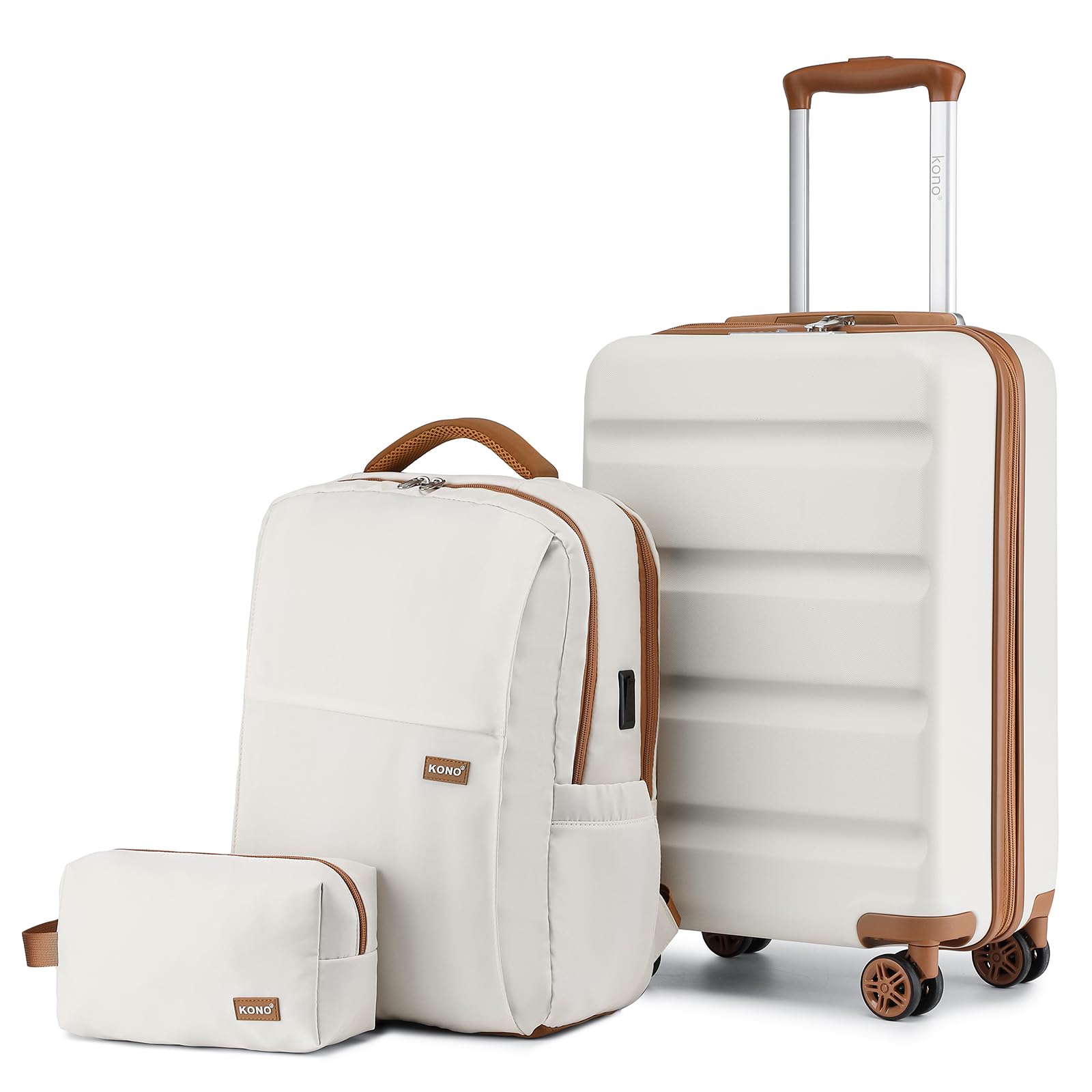 Kono Suitcase Set 3 Piece Luggage Set Carry On Travel Luggage TSA Lock Spinner Wheels Hardshell Lightweight Luggage Set (Cream White, 3 piece set(BP/