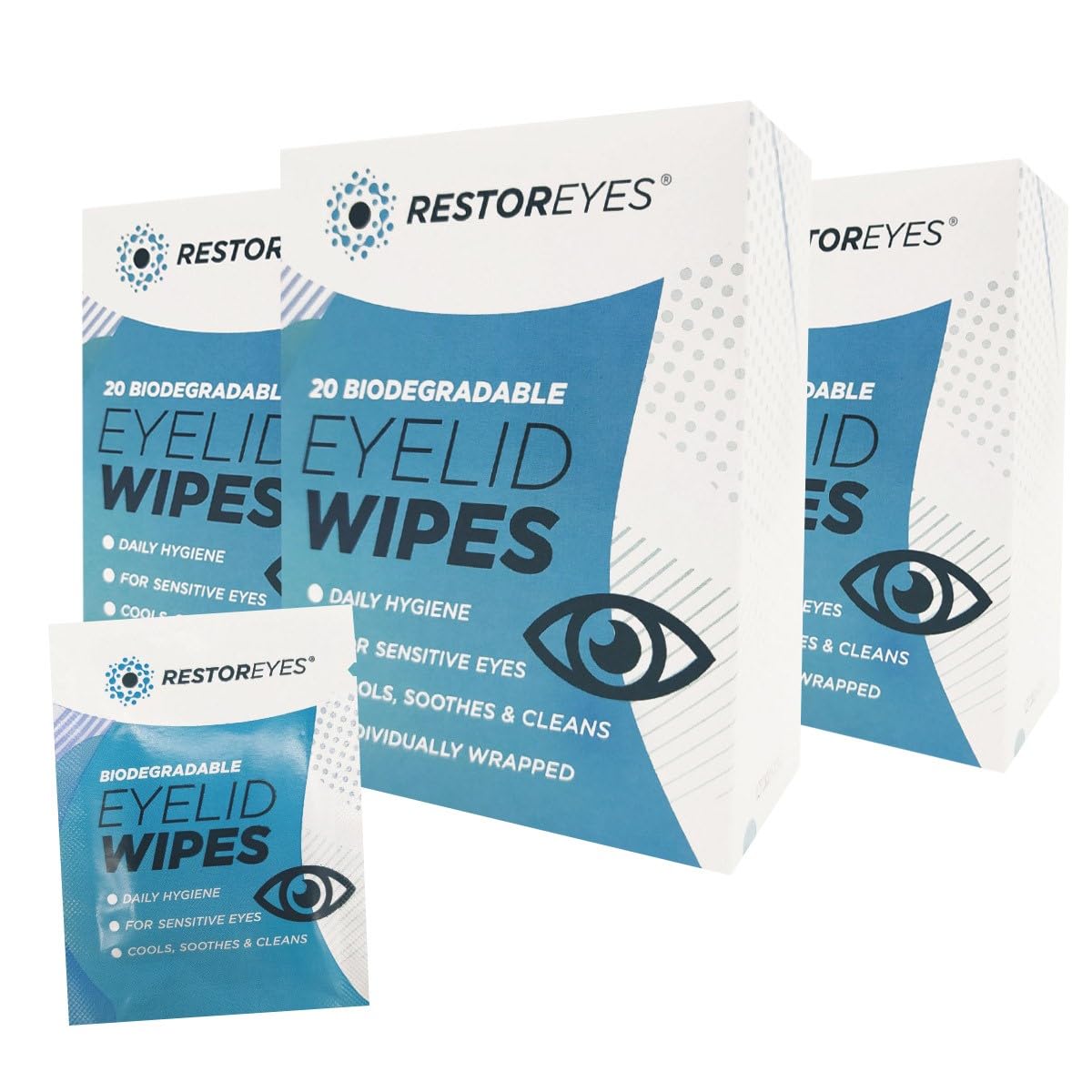 60 x Restoreyes Biodegradable Eyelid Wipes, Eco-Friendly