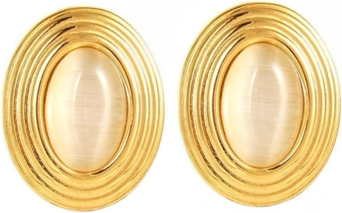 Gold Oval Stone Statement Earrings – Lightweight Drop Earrings for Women