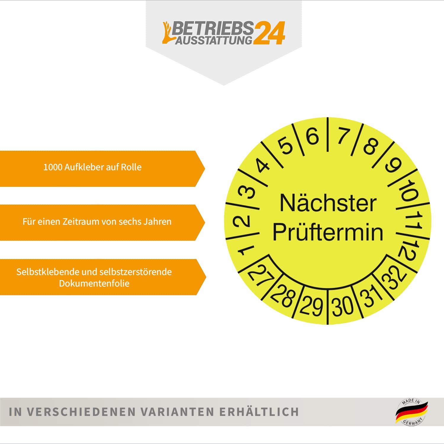 Prüfplakette „Nächster Prüftermin“ - Rolle mit 1000 Stück - Fälschungssicher - Dokumentenfolie, selbstklebend Ø 1,5 cm - gelb/schwarz - Jahre: 2027 – 2032 - Prüfetiketten