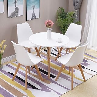Modern Design Dining Table and Chair Set, White Retro Lorenzo Chairs and 80cm Round Table for Dining Room Home Office Lounge(White * 4 + 80cm Table)