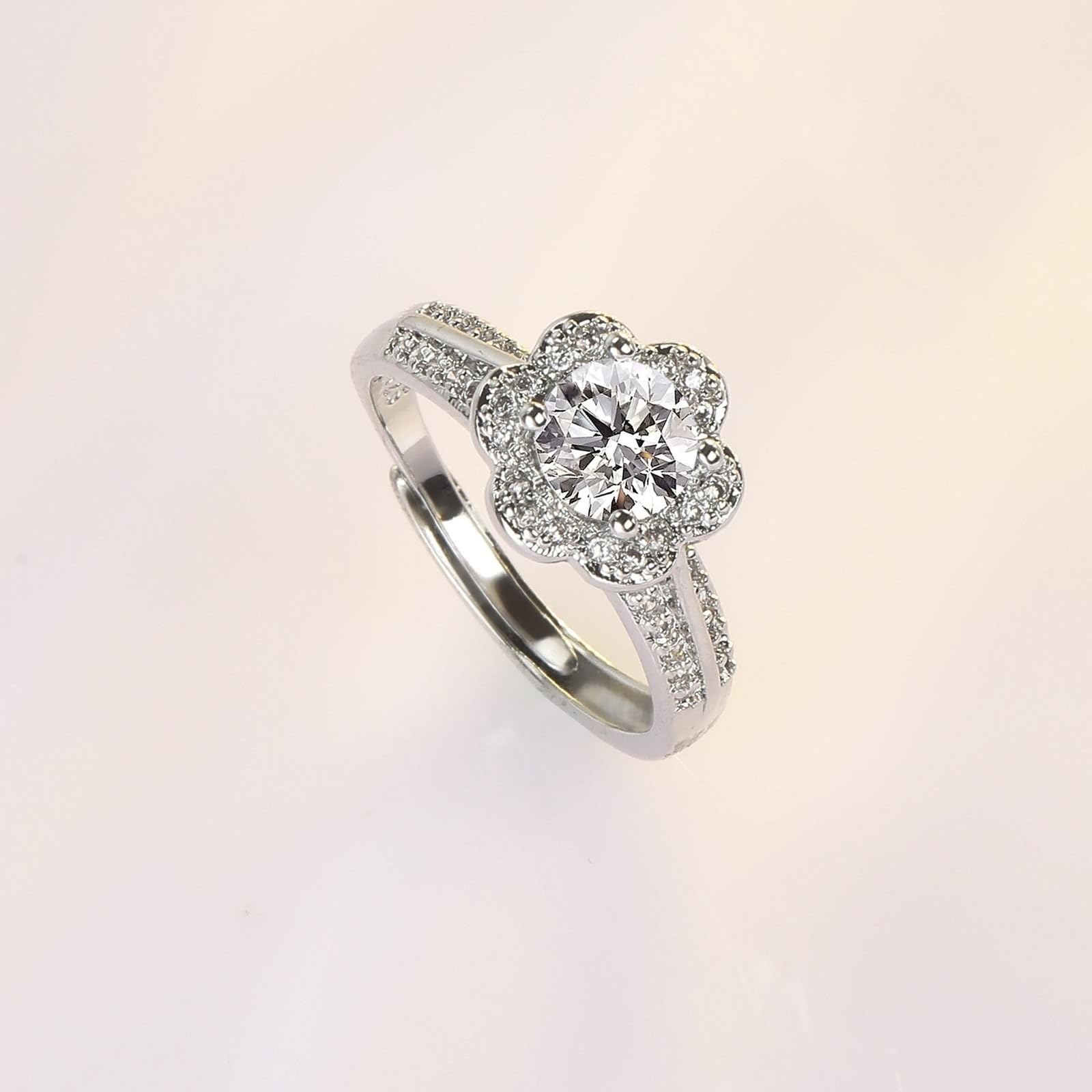 18 Karat Weißgold Ringe Frauen Labordiamant Weiß, Rings Elegante Blume, 4 Krappen, Rund, 1 Karat, Labordiamant, 6,5 mm