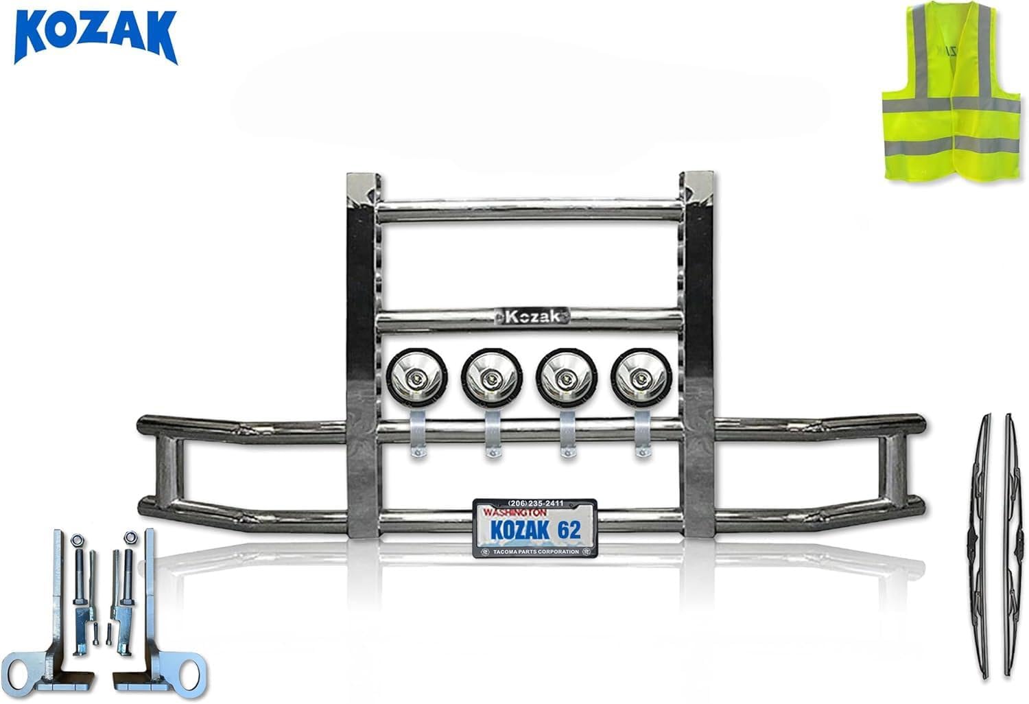 Steel Truck Bumper Guard - Deer Moose Guard Compatible with Kenworth T680 2012-2021, 4x 6 inch 20 LED Headlight, Wipers, License Plate Holder and Frame, Mounting Brackets, Reflective Vest Included