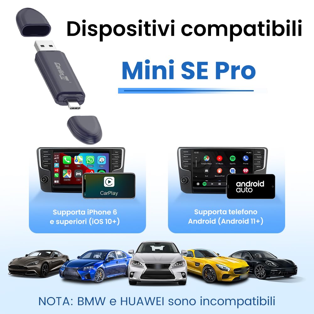 Carlinkit MINI SE Pro CarPlay Wireless e Android Auto Wireless 2 in 1,per Converti carplay&Android auto cablato in wireless carplay&Android auto adapter, per Car Modelli 2016+