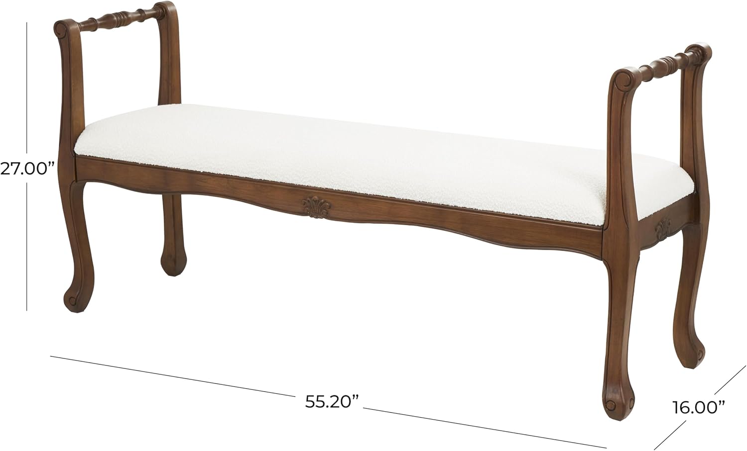 Deco 79 Fabric Home Bench Arm Entryway Bench with Brown Traditional Wood Turned Legs, Bedroom Bench 55" x 16" x 27", Cream
