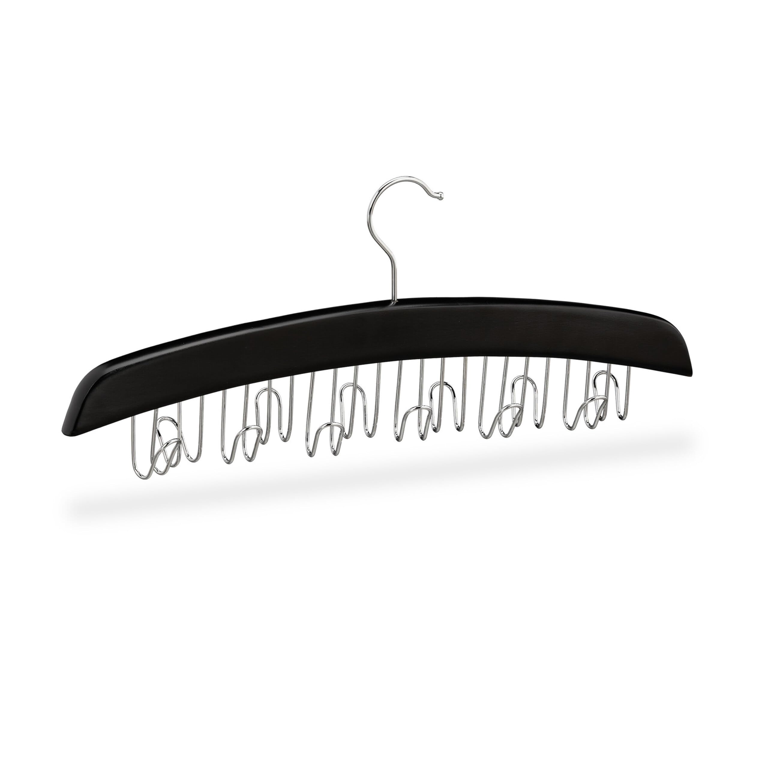 Set 4 Perchas Cinturones 12 Ganchos, Colgador Giratorio para Accesorios, Madera, 17,5 x 43 x 5,5 cm, Negro y Plateado
