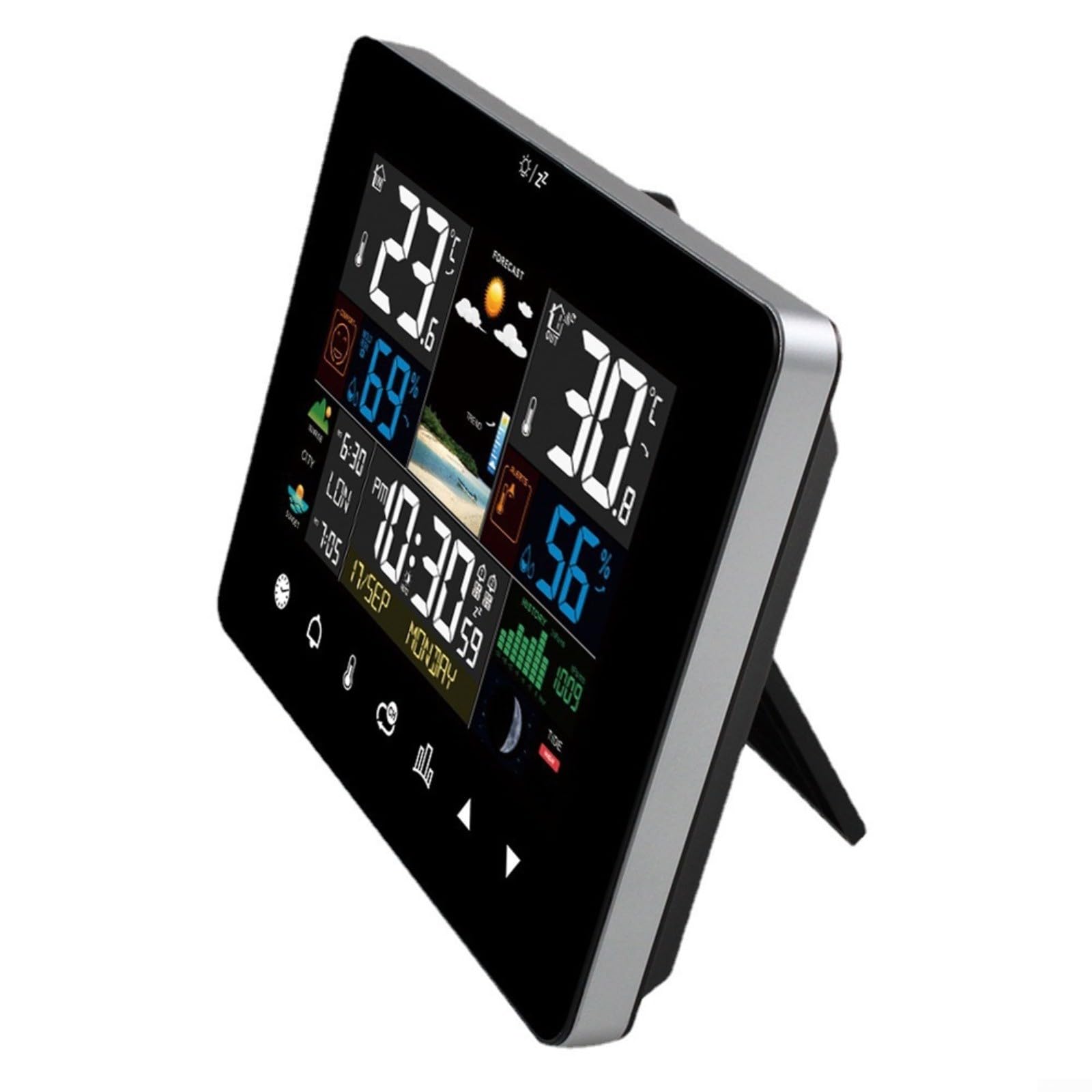 Stazione meteo con display touch screen, termometro e barometro per interni ed esterni, previsioni meteo, fase lunare, formato orario 12/24h, sensore esterno radio