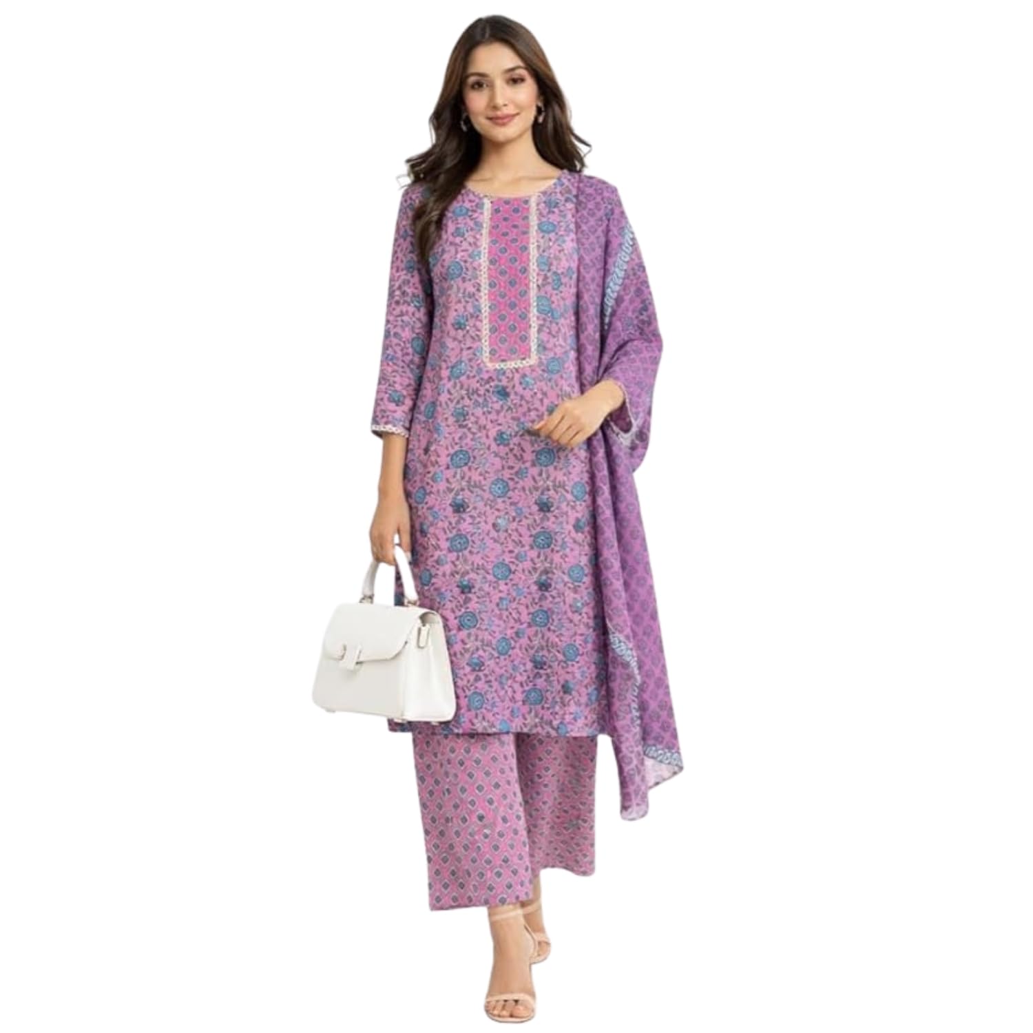 Women’s Aqua Blue Floral Printed Kurta Pant Dupatta Set | Ethnic Pakistani Style Straight Kurti Suit for Women & Girls-image-12