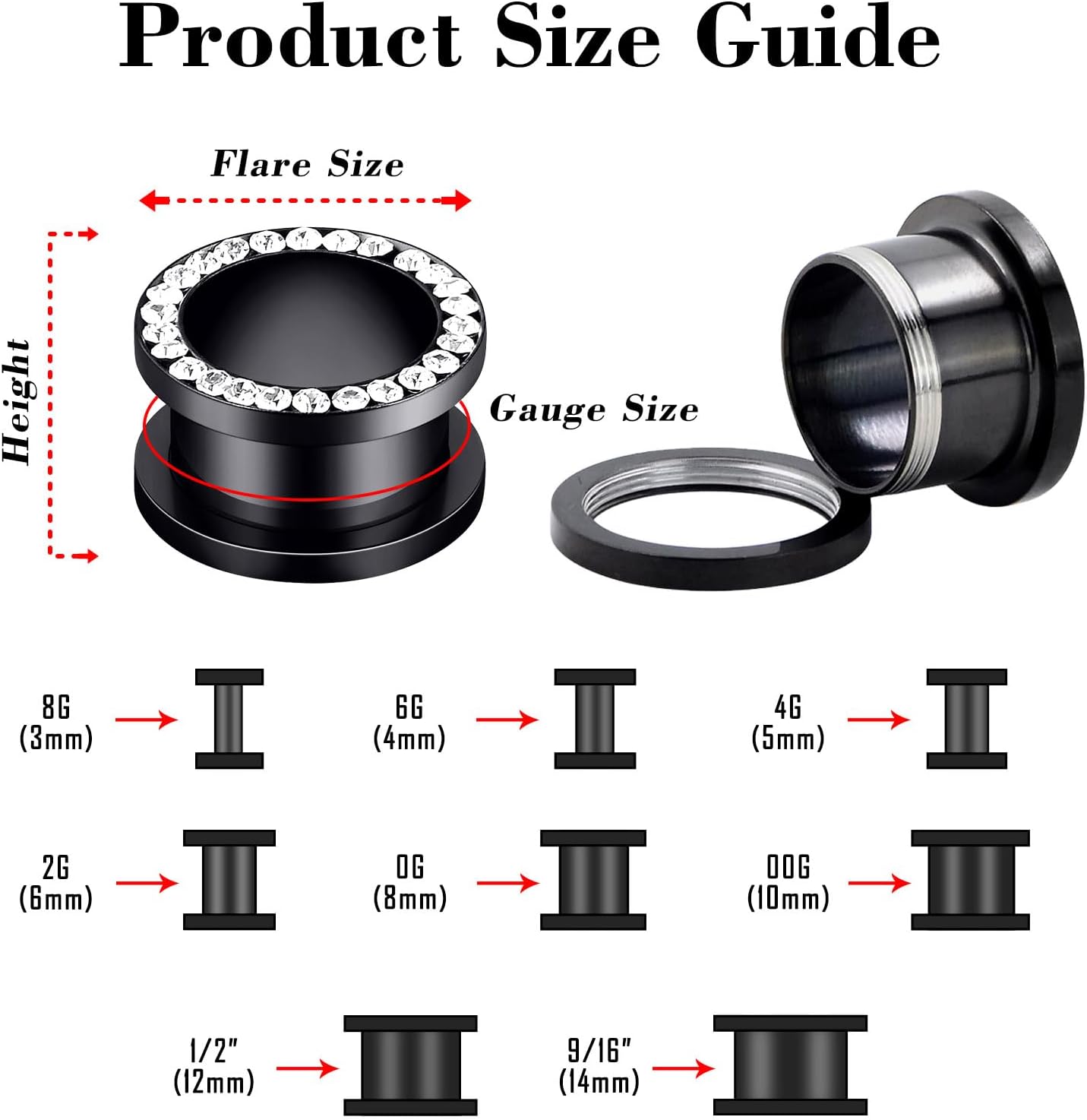 YOFANST 6pcs Double Flare Stainless Steel Ear Plugs Tunnels with Zircon Ear Gauges Stretcher Body Piercing Jewelry for Women Men 8g-9/16