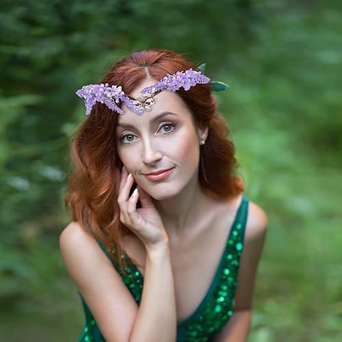 Miniatura 4 de Vividsun Diadema hecha a mano con corona de hada y hada renacentista para mujeres y niñas, disfraz de boda, cosplay, diadema floral (morado lavanda)