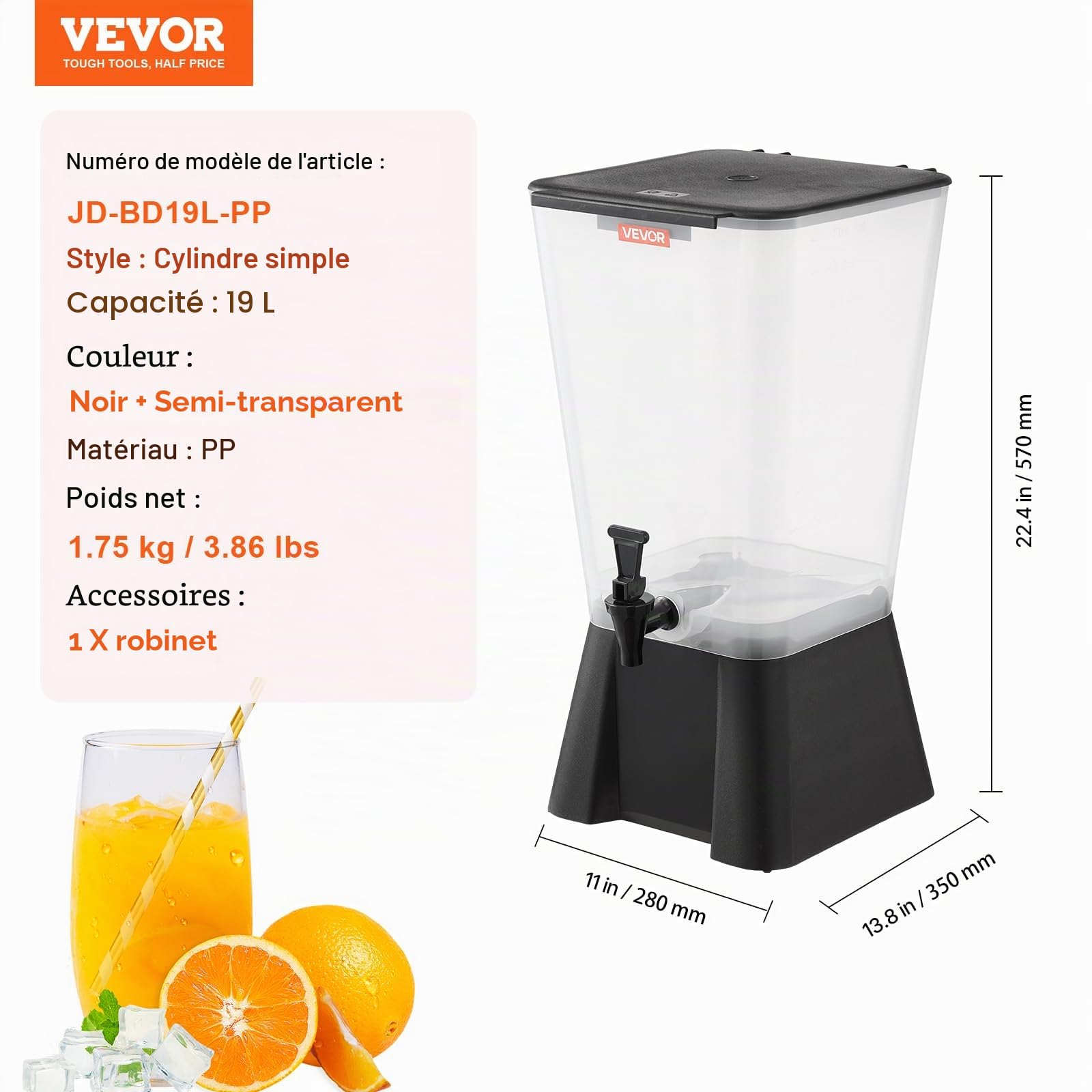 VEVOR Distributeur de Boissons avec Grande Capacité 19 L, Fontaine à Eau en Plastique, Distribution d’Eau Jus Limonade Thé Glacé, avec Robinet Anti-goutte, pour Restaurants Cafés Hôtels Fêtes