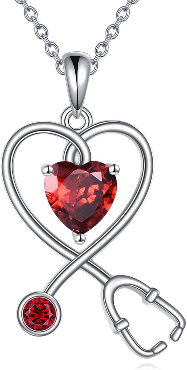 Nurse Necklace for Women 925 Sterling Silver Stethoscope Pendant Necklace Heart Birthstone Jewelry Gift