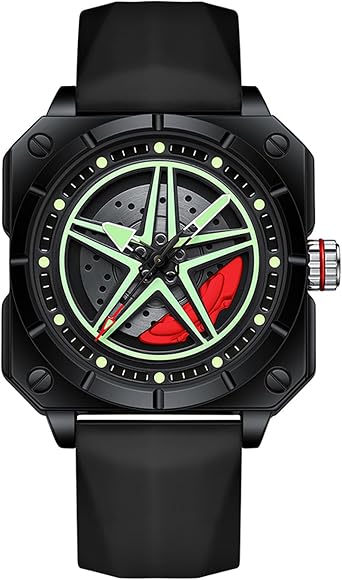 Forrader Car Wheel Men's Watch, Square Quartz Waterproof Sports Watches, Stainless Steel Mens Wristwatch with Spinning Car Rim Hub Design with 3D Hollow Out Rotation Dial Gifts for Car Enthusiasts