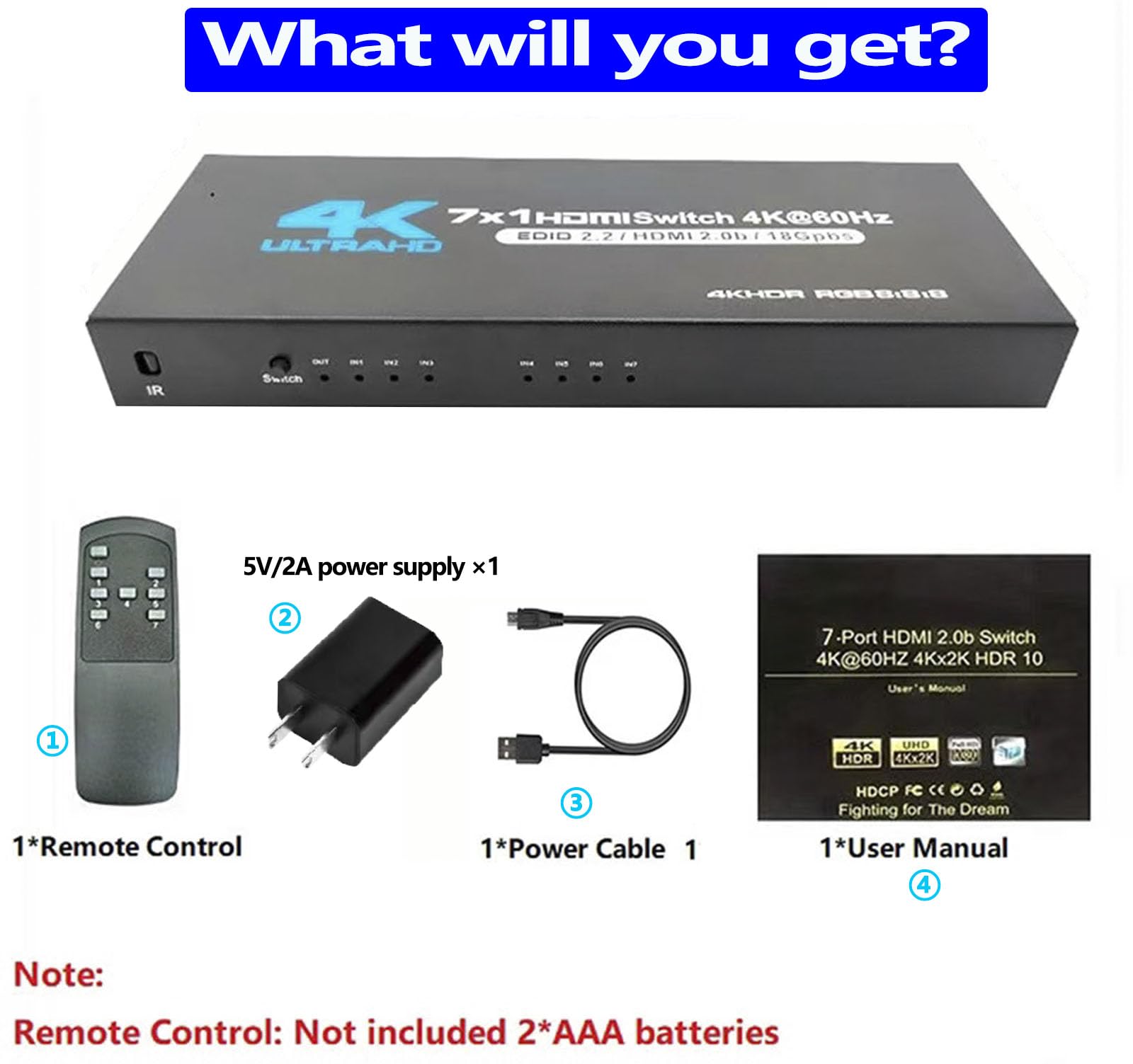 Conmutador HDMI 7 × 1 4K @60Hz 7 canales HDMI sin costuras 7 en 1 salida 【Con 1 mando a distancia IR + 1 cable de alimentación】Compatible con tecla de panel de conmutación automática HDMI2.0
