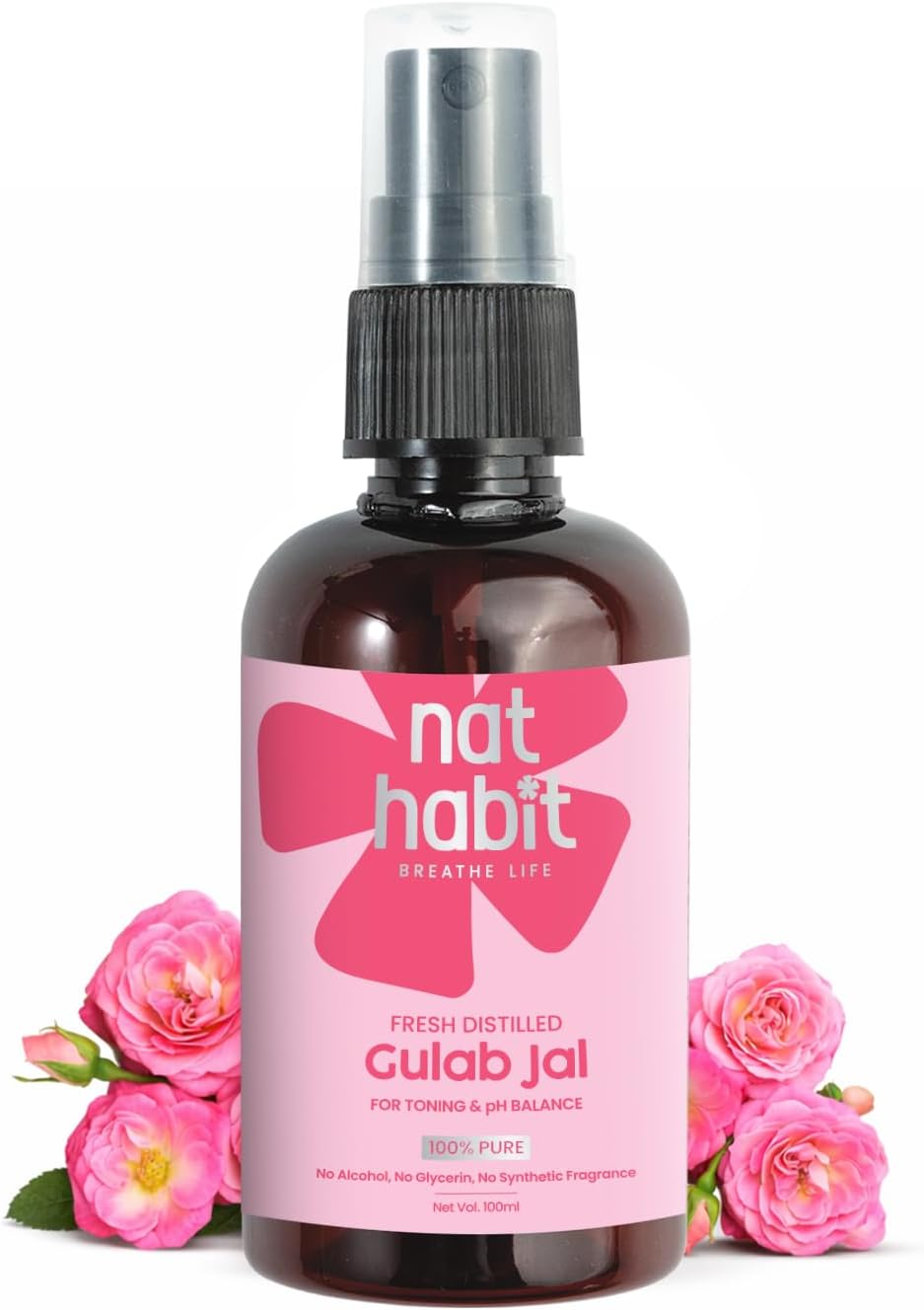 NAT Habit - 100% Pure Gulab Jal - Rose Water - Toner, Face-Mist, Astringent & Face Spray - Ayurvedic, Steam-Distilled for Oil-Control, Acne-Control, Skin Hydration (Pack of 1, 100 ml)