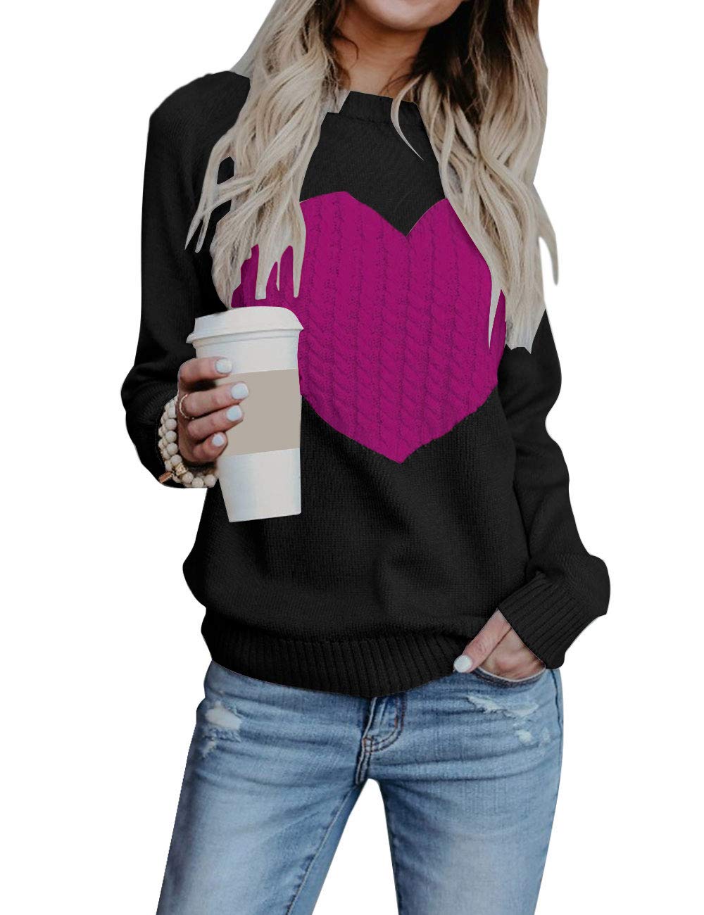 shermie Women's Pullover Sweaters Long Sleeve Crewneck Cute Heart Knitted Sweaters
