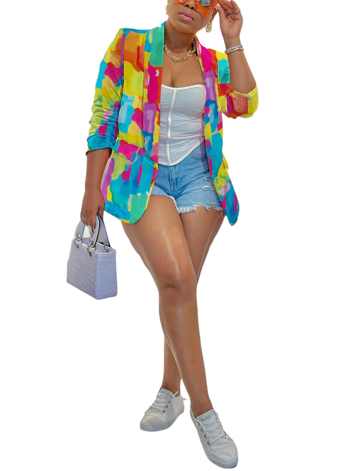 PerZeal Womens Printed Blazer Jacket Long Sleeve Open Front Casual Multicolor Fashion Print Coat