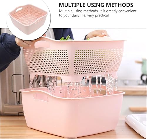Miniatura 6 de Hemoton Cesta de drenaje de doble capa,Cuenco de colador de alimentos de cocina de plástico,Colador de alimentos de plástico grande,Cesta de lavado