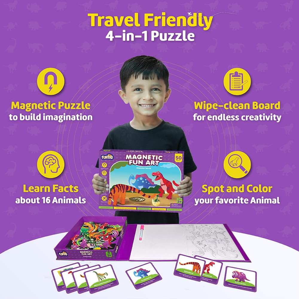 Funtad Magnetic Fun Art Puzzle - Dinosaur|4-in-1 Travel Friendly Educational Toy with Writable Board|50 Magnetic Pieces with Informative Flash Cards |Birthday Gift for Boys & Girls Age 3,4,5 & 6 yrs