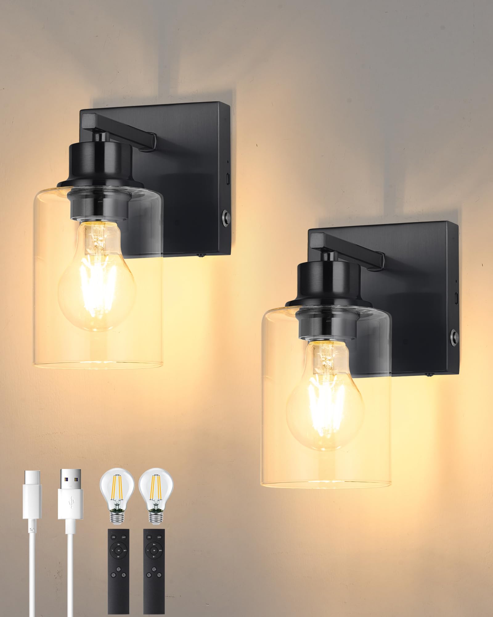 battery operated wall sconce set of 2, black rechargeable wall lights with timer function, easy install dimmable wireless wall lamps sconces wall decor for living room bedroom hallway, emergency 3000k