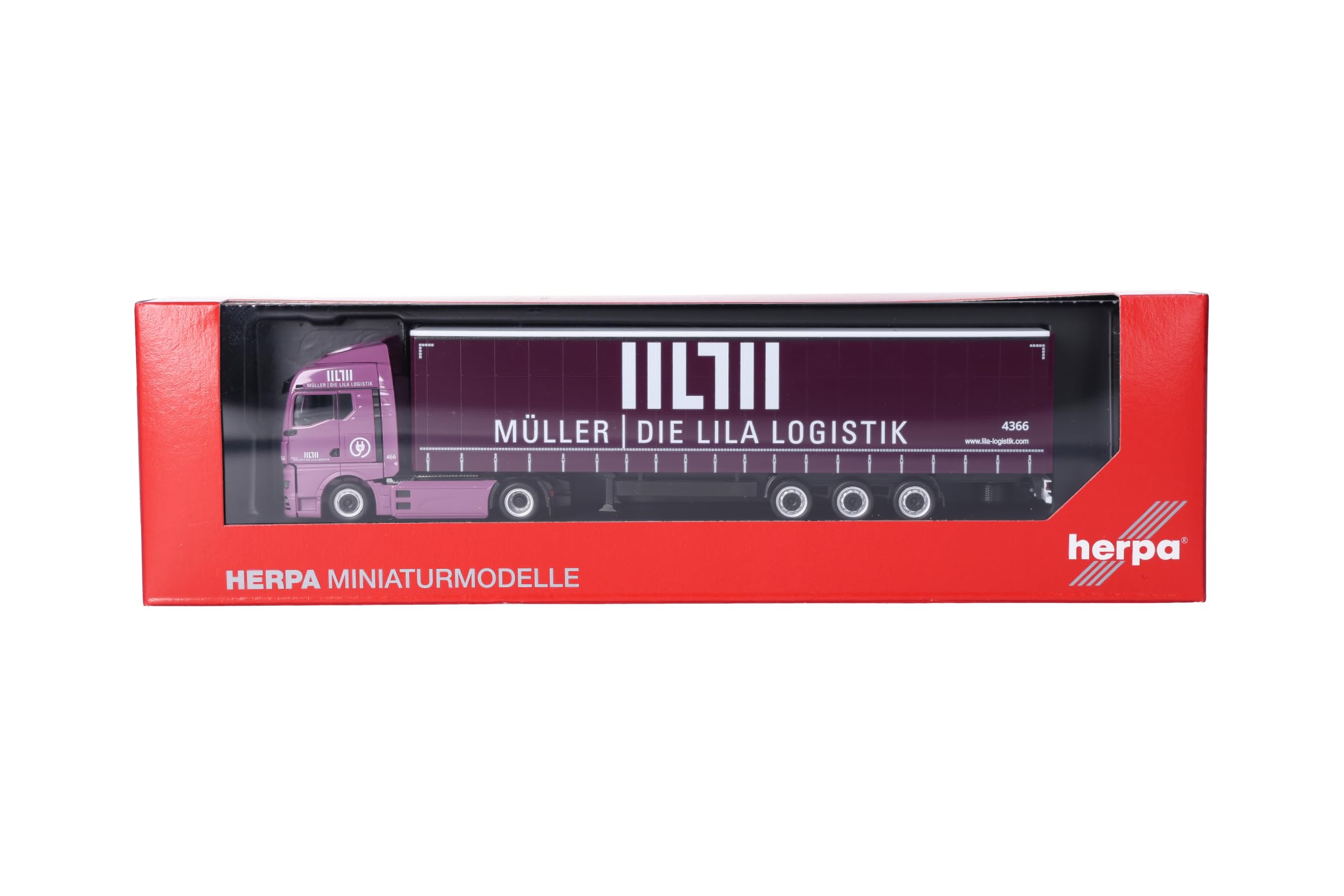 Herpa Model ciężarówki MAN eTGX GM naczepa z plandeką o zwiększonej pojemności „Müller - Die lila Logistik”, skali 1:87, model kolekcjonerski, wyprodukowany w Niemczech, wykonany z tworzywa sztucznego