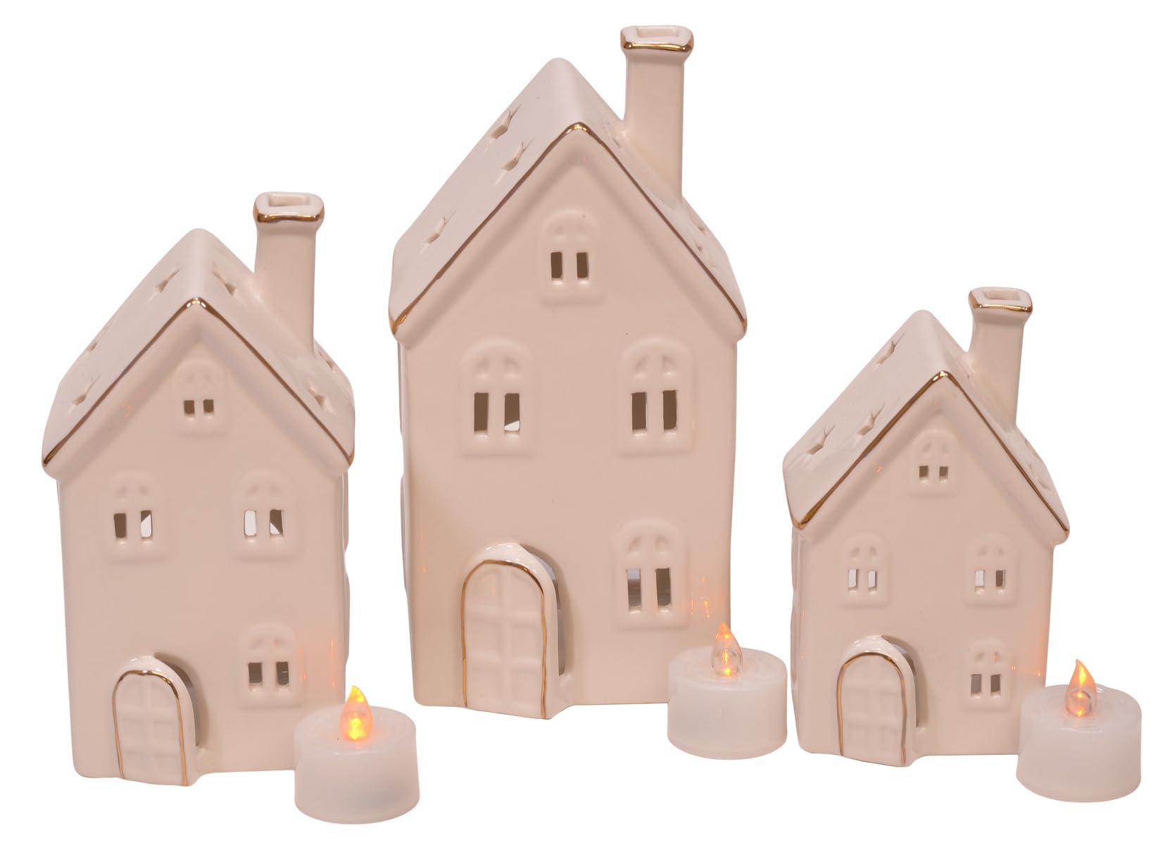 Mark Feldstein & Associates White Glazed Porcelain with Gold Trim Holiday Tea Light Village House Figurines, Set of 3, 8 Inch