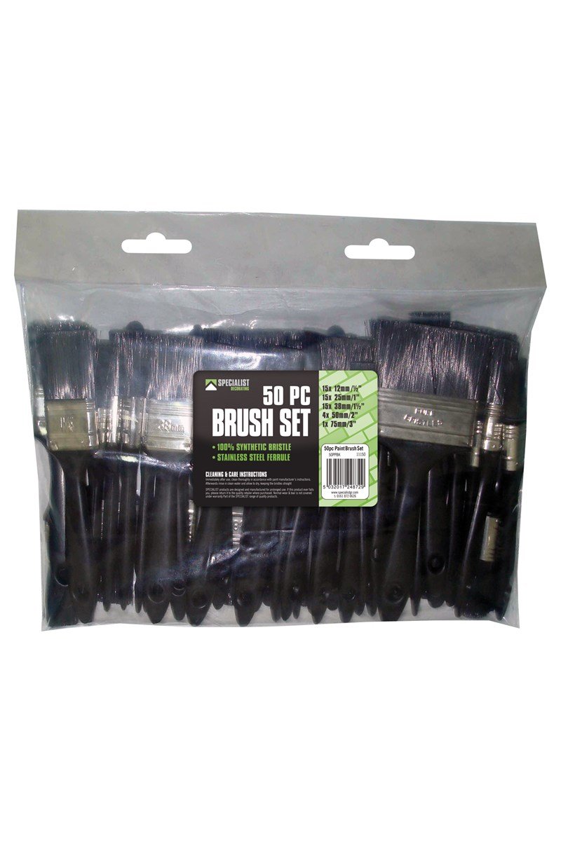 Black, Silver 50 Assorted Disposable Paint Brush Set 5 Sizes 50Pc Economy Decorators Builders