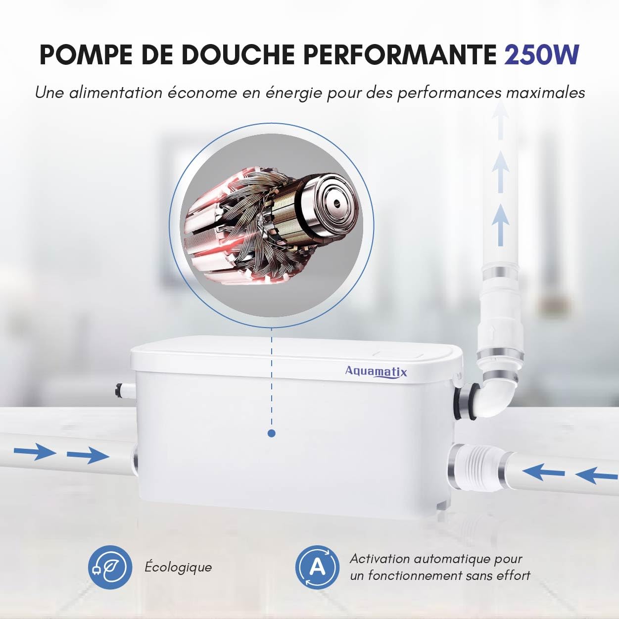 Aquamatix Pompe de douche 250W compacte Pompe de Relevage 8m Distance de pompage verticale 100L/min pour douches, éviers 2 entrées