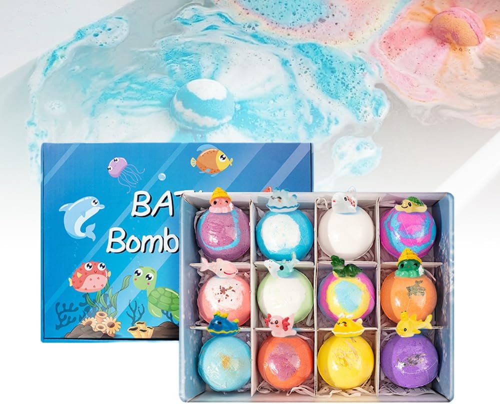 Bath Bombs with Surprise Inside, 6/12 Pack Fizzy Bubble Bath Gift Set, Dinosaur Egg & Ocean Theme Bath Fizzies, Natural Sea Salt Color Changing Spa Easter Bath Balls (Sea Animal 12PC)