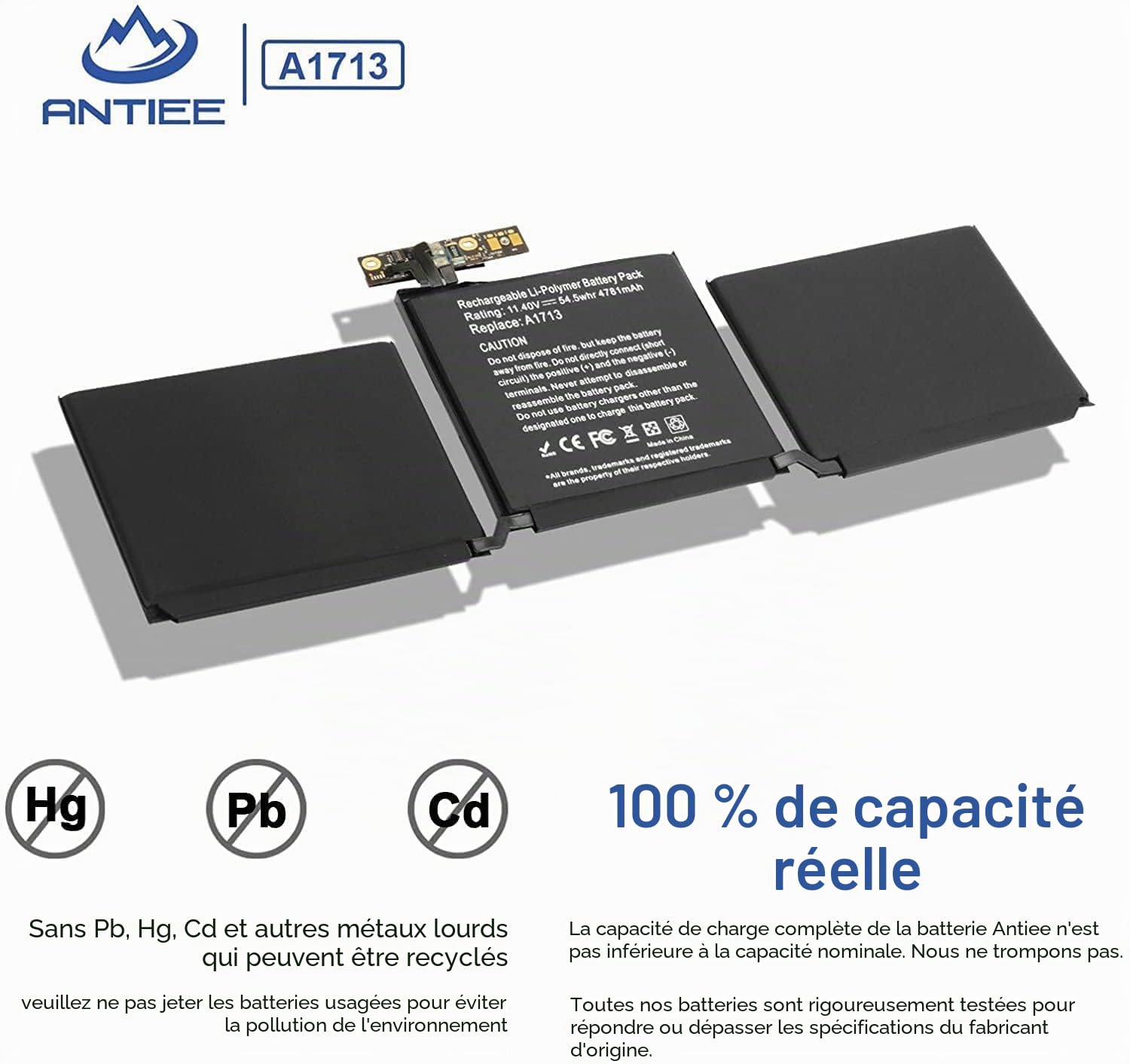 A1708 A1713 Batterie pour MacBook Pro 13 inch A1708(Late 2016 Mid 2017 EMC 2978 3164，A2171 Laptop Batterie pour MacBook Pro 13 inch A2159 (2019) A2289 (2020) A2338 (2020) 11.4V 54.5Wh 4781mAh