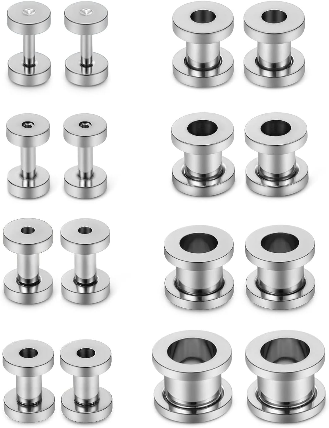Vsnnsns 14G 12G 8G 6G 4G 2G 0G 00G Ear Tunnels Stainless Steel Ear Gauges Screw Fit Ear Plugs Tunnels Gauges Set 1.6MM 2MM 3MM 4MM 5MM 6MM 8MM 10MM Gauges for Ears Silver Black Rainbow