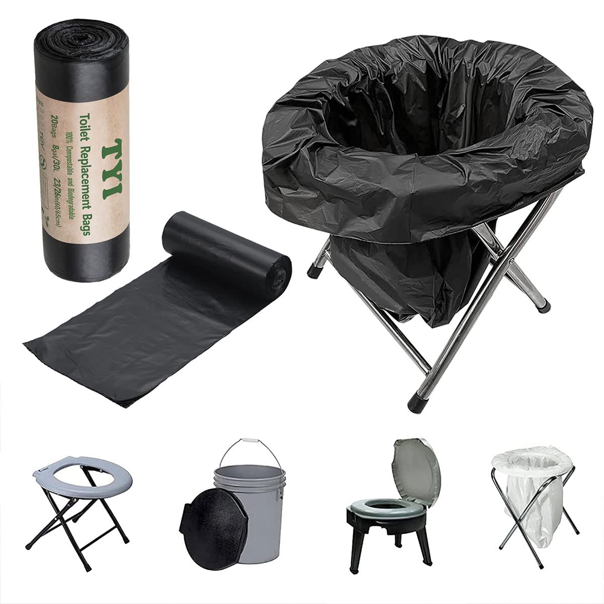 Bolsas de inodoro portátiles para camping, 20 bolsas de repuesto para inodoro, 8 galones, 30 litros, 100% biodegradables para uso con cubo de 5 galones