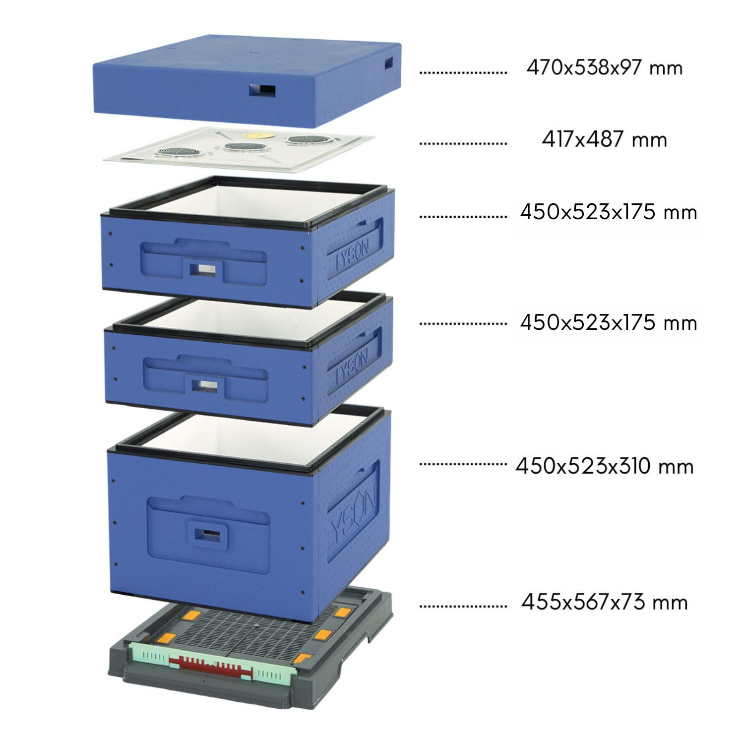 LYSON Bienenbeute Styropor Dadantbeute Dadant Blatt Beute OPTIMA Bienenstock-Set mit niedrigem Varroa-Kunststoffboden (DUNKELBLAU) für die Selbstmontage (Passende Rahmen:47×43,5x30cm;47×43,5x15,9cm)