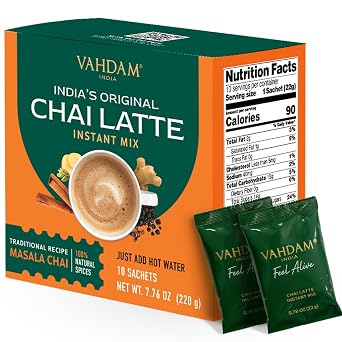 VAHDAM Instant Chai Latte - 10 Sachets 7.7 Oz / 220g | Authentic Indian Chai with Natural Spices | Just Add Water, No Steeping Required | Creamy Chai Latte Anytime