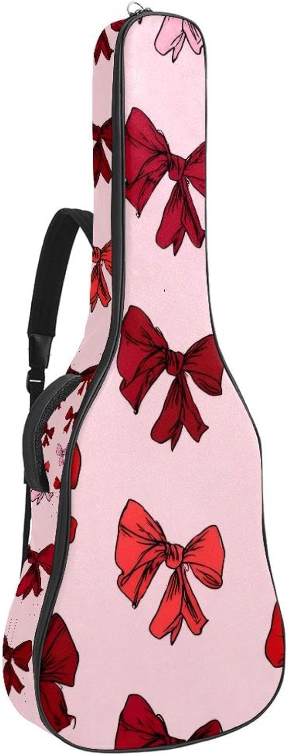 Pink and Red Bows Cute Ribbons Background Acoustic Guitar Gig Bag, 1 cm Thick Padding Waterproof Guitar Bag Backpack for 40 41 42 Inch Electric Bass Classical Guitars
